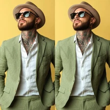 Green  Men Suit 2Pcs Summer Outfits Business Blazers Breathable Men Tuxedos