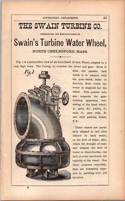 1879 Swain Turbine Co Swain's Turbine Water Wheel NORTH CHELMSFORD MA Print Ad