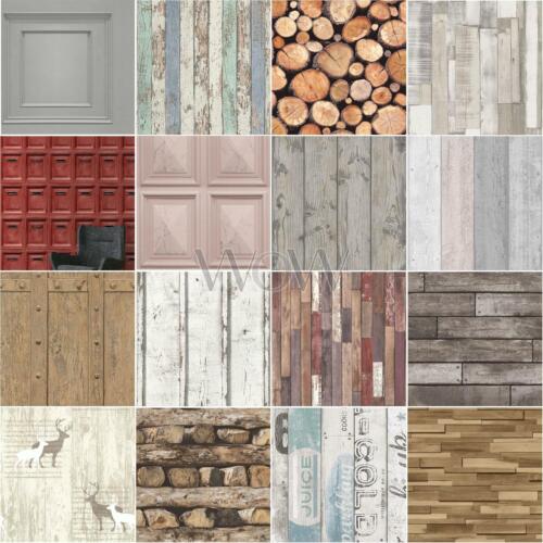 WOOD EFFECT WALLPAPER - PANELS SLATS WHITE WASHED DISTRESSED LOGS PLANKS RUSTIC - Picture 1 of 227