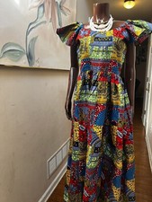 African Print long gown blue Nneka Ankara women clothing Maxi dress.