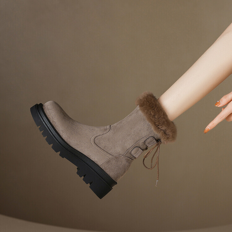 【AAKE】FUR SUEDE STRING BOOTS Womens Fashion Faux Suede Fur Trim Lace Up Platform Ankle