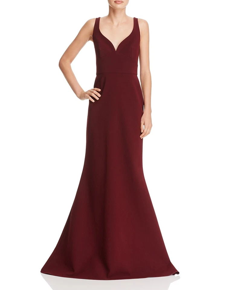 JILL STUART Raisin Red Purple V-Neck Open Back Stretch Crepe Mermaid Maxi Gown 4 - Image 2 of 4