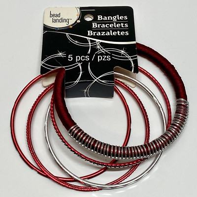 Perlen Landung Armreif Armband 5 Stck. Set Rot Silber Strass Mode Glitzer Neu mit Etikett