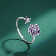 Luxury 925 Sterling Silver Purple Crystal Daisy Flower Adjustable Ring -Size 6-7