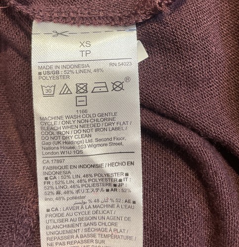 Camiseta para mujer Gap mezcla de lino top vino XS manga dolman costura delantera trasera - Imagen 6 de 6