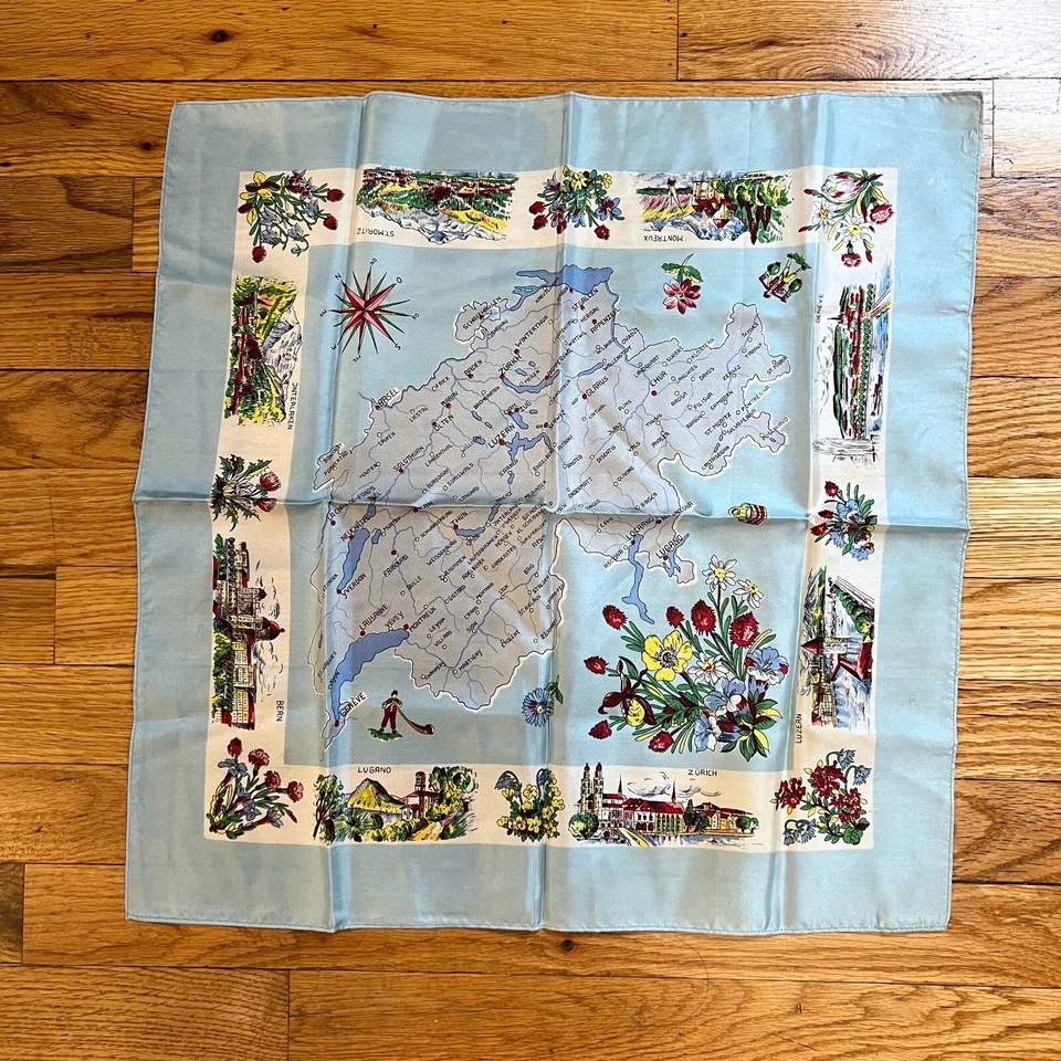Pañuelo de recuerdo de seda mapa de Suiza vintage diseño de ciudades suizas 19 pulgadas Foto 4 de 4