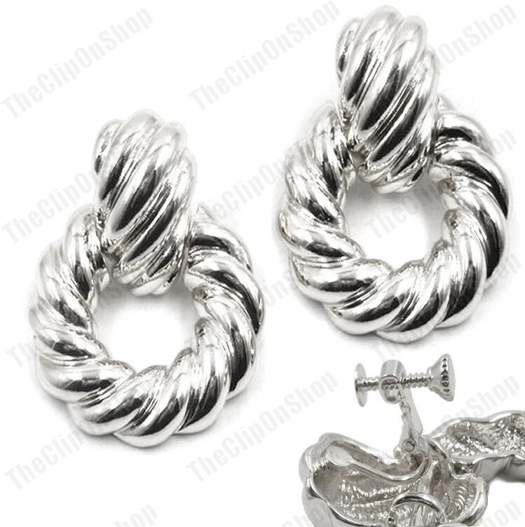 CLIP ON big doorknocker CHUNKY EARRINGS vintage RETRO 80s SILVER
