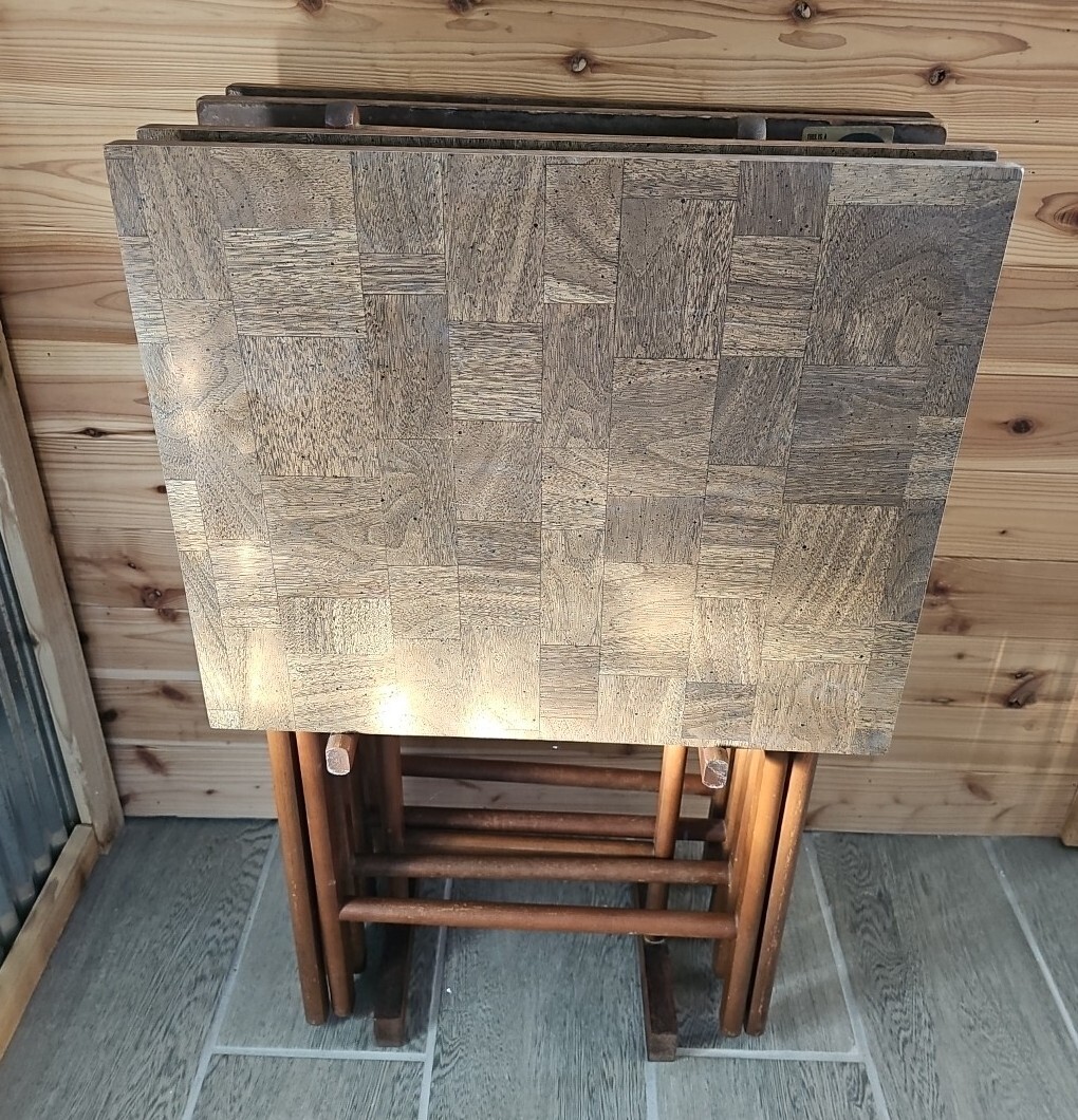 Vintage MCM SCHEIBE TV Table Wood Folding Trays Set Of 4 with stand