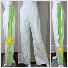 Vintage 1960s/70s White Flower Pants 60s Straight Leg High Rise Back Zip 28x29