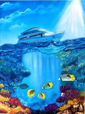 Captivating Yachts and Marine Life: Ocean Painting on Canvas Underwater 24x18