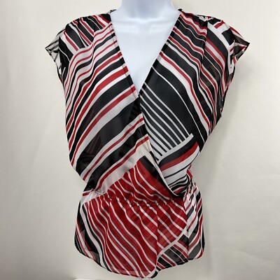Chaps Blouse Medium Sleeveless V Neck Faux Wrap Cinch Waist Chiffon Sheer
