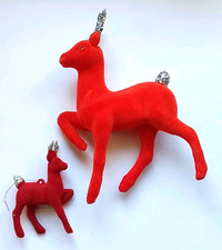 Vintage Christmas Ornament Red Flocked Reindeer Set