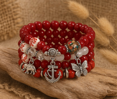 Bohemian Ruby Red Charm Bracelet Set for Women Anchor Elephant Butterfly Stacker