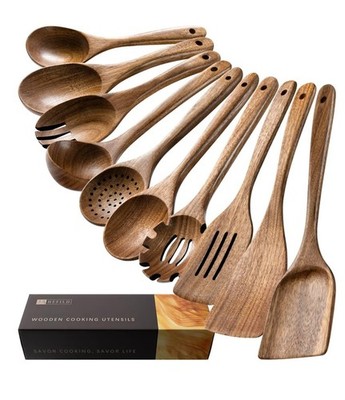 Wooden Spoons for Cooking, Nonstick Cooking Utensil Set with 10 Piece Acacia Woo
