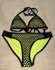 Vintage O.P. Neon Green-Yellow And Black Netted Bikini Rare S Top/M Bottom NWOT