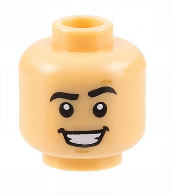 LEGO Medium Tan Male Head Black Raised Left Eyebrow Chin Dimple Open Mouth Smile