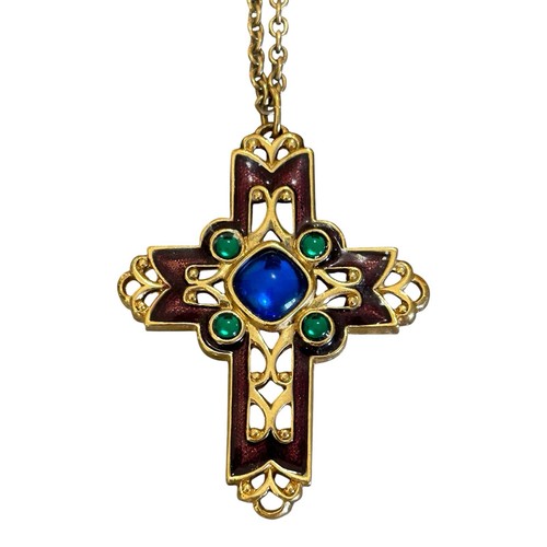 Vintage Avon Byzantine Renaissance Cross Pendant Necklace 32" Gold Tone Enamel