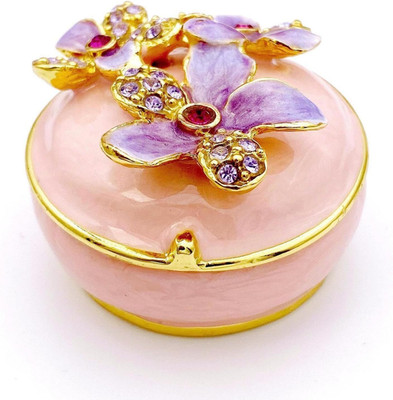 Purple Orchid Flower Pink Jewelry Box Trinket Boxes Hinged with Crystals. Enamel