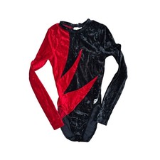 GK Elite Red Black Crushed Velvet Long Sleeve Gymnastics Leotard Women's Small