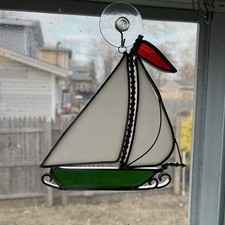 SailBoat Suncatcher Stained Glass White, Green, Red - Twisted Metal