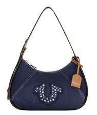 True Religon Studded Horseshoe Logo Denim Blue Hobo Shoulder Bag
