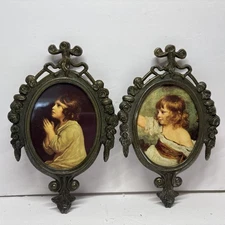 Vintage Ornate Metal Frame Set of 2 Young Girl Praying Baroque Rococo 6.5” ITALY