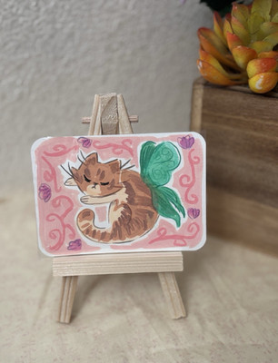 ACEO Green Wings Cat Drawing Acrylic Marker Original Illustration by Sinai Art