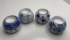 Set of 4 Blue and White Round Votive Tea Light Candle Holders