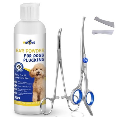 Dog Ear Hair Removal Kit   Ear Powder, Safety Round Tip Scissors & Locking Tw...