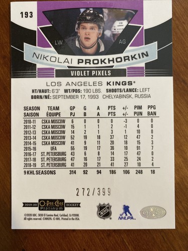 19-20 O-Pee-Chee Platinum Violet Pixels 193 Nikolai Prokhorkin /399 - Picture 2 of 2