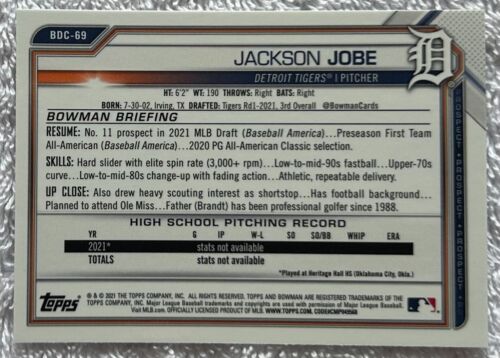 Bowman Draft Jackson Jobe 2021 #BDC-69 1er cromo Detroit Tigers - Imagen 2 de 2