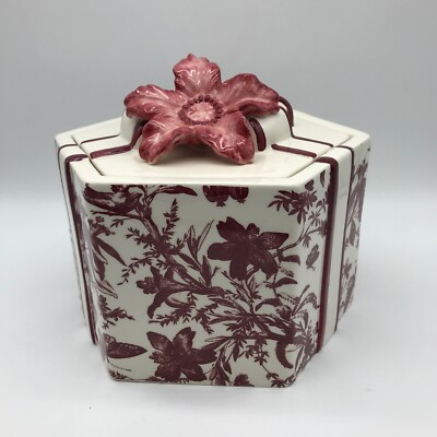 Cookie Jar Wrapped Gift Box Ceramic David's Cookies Burgundy White Flowers Birds