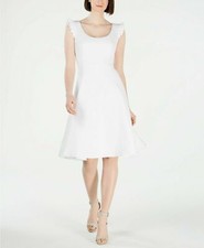 Calvin Klein WHITE Ruffled Fit & Flare Scuba Dress Size 8 