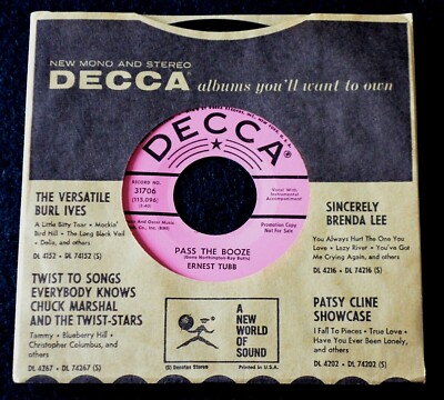 ERNEST TUBB-PASS THE BOOZE-1964-DECCA PROMO COPY-1964-NEW OLD STOCK 45 RPM