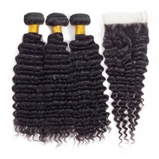 Unprocessed Virgin Human Hair 3 Bundles w/4 4 Free Part Lace Closure Deep Wave