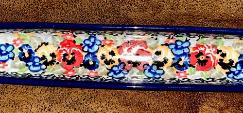 Polish Pottery Unikat Handcrafted Olive Boat Blue Floral Signed & Numbered 10” L - Picture 3 of 18