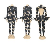 Women Print Open Back Long Sleeve High Elasticity Streetwear Catsuits Jumpsuit Q