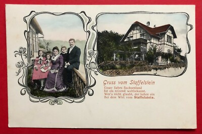 Jugendstil AK PAPPRITZ bei Dresden um 1900 Gruss vom Staffelstein Typen ( 101787