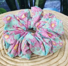 Mint Green Aster Floral Polyester Cotton Blend XXL Scrunchie 7" Handcrafted