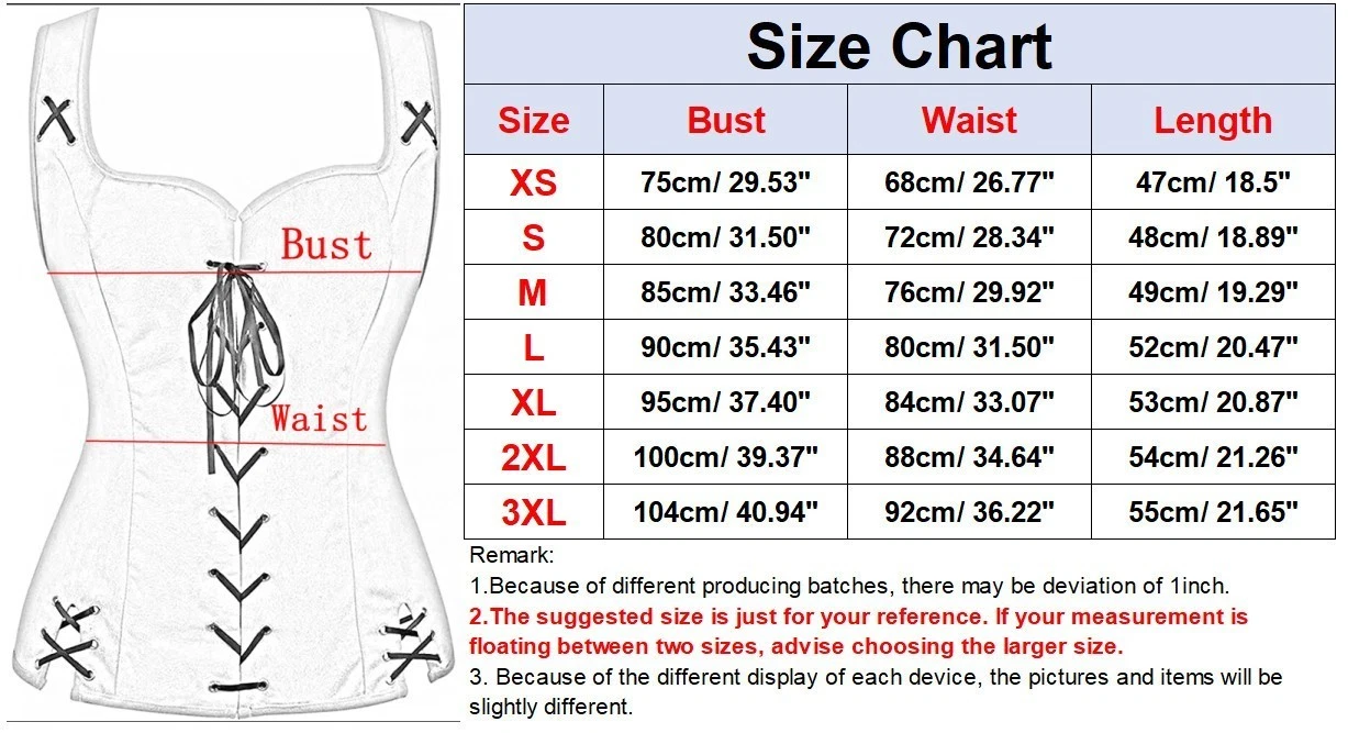 Women's medieval vest dress in black with white lace-up front, size chart table, and two front lace-up pockets.