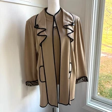 Ming Wang Two Piece Set Open Front Blazer Sweater Tank  Medium Tan Black