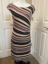 Ann Taylor Loft Midi Dress M Striped Earth Tones Sleeveless Ruched Side Stretch