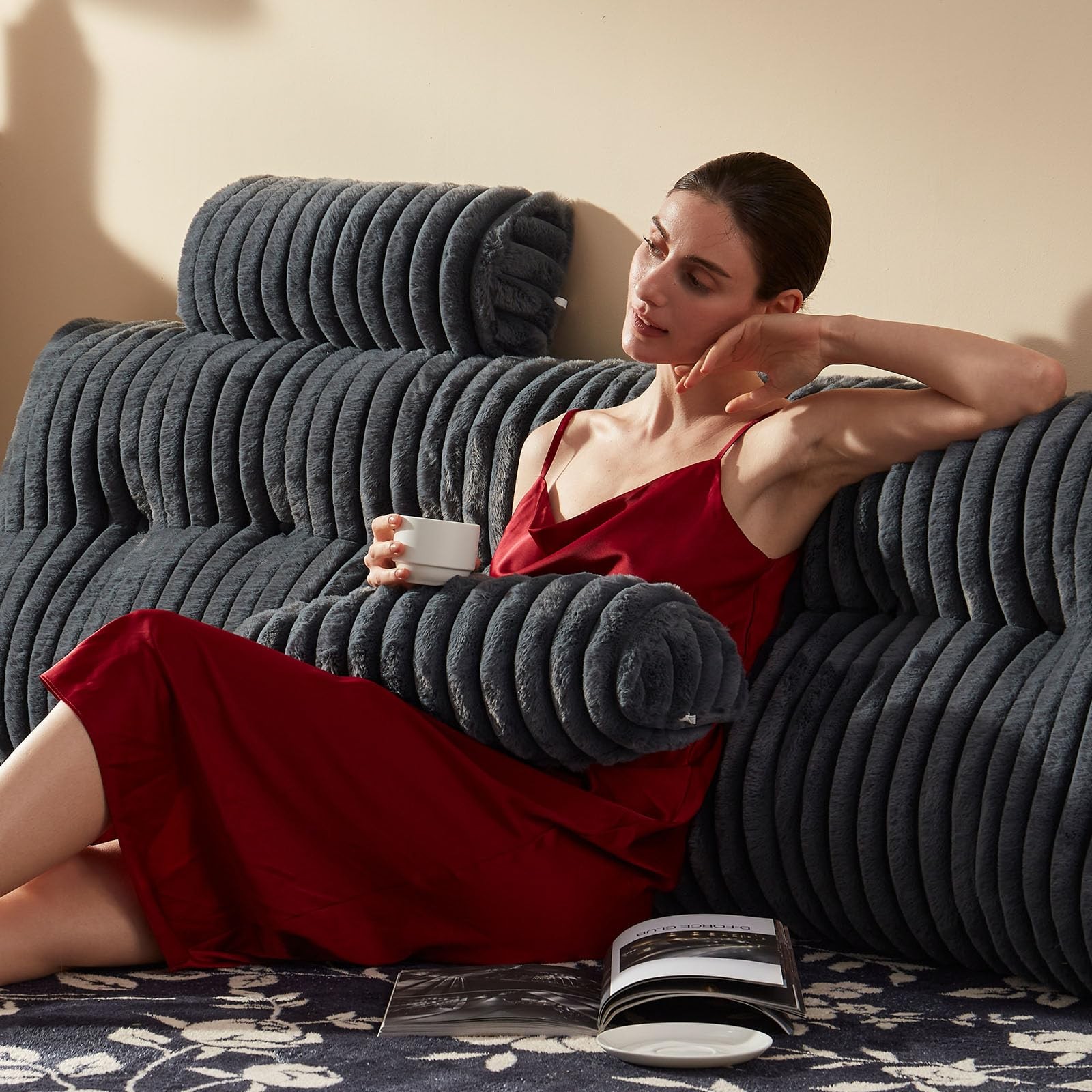 Faux Fur Headboard Pillow Set with 2 Neck Rolls Large Bed Backrest-image