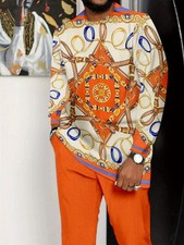Men'S Plus Size 2pcs Set - African-Inspired Orange  White Contrast Long Sleeve