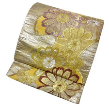 Vintage Silk Fukuro Obi Cosmos Gold Japanese Kimono Belt Formal Brocade Japan