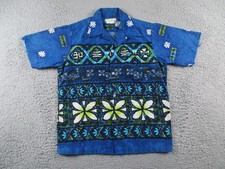 Penneys Hawaiian Shirt Mens Small Blue Barkcloth Aloha Camp Collar Vintage