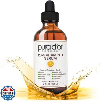 PURA D'OR 20% Vitamin C Serum 4 Oz - Lightweight Maximum Strength Formula - R
