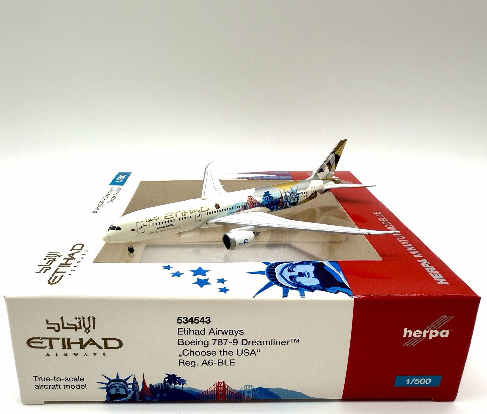 Herpa Wings 1:500 534543 Etihad Airways B787-9 Dreamliner A6-BLE „Choose USA“