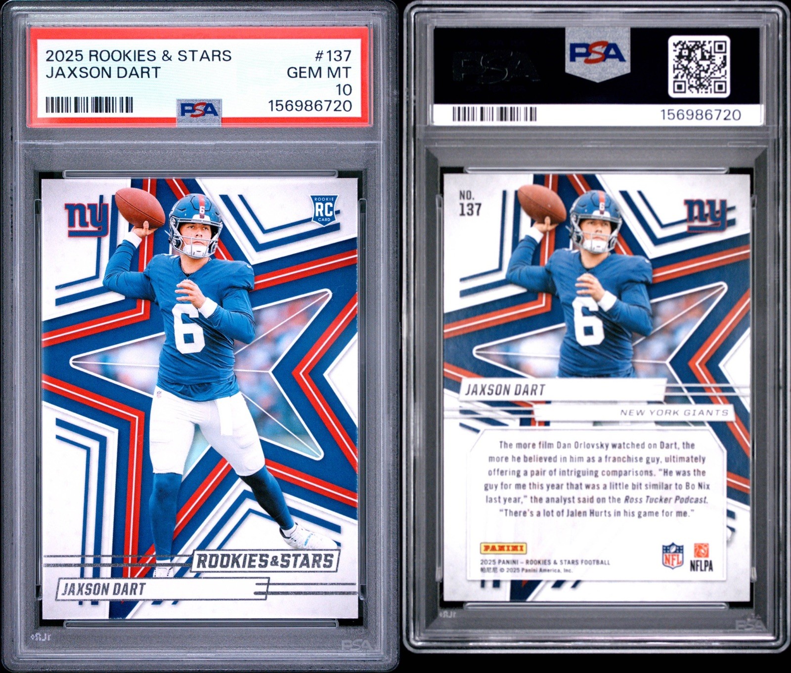 JAXSON DART 2025 Panini Rookies & Stars RC Rookie PSA 10 GEM MINT #137