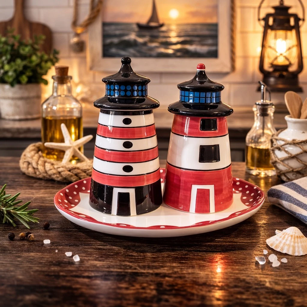 Vtg Lighthouse Oil Vinegar Set w/ Tray Lifestyle Home Coastal Nautical Decor Box